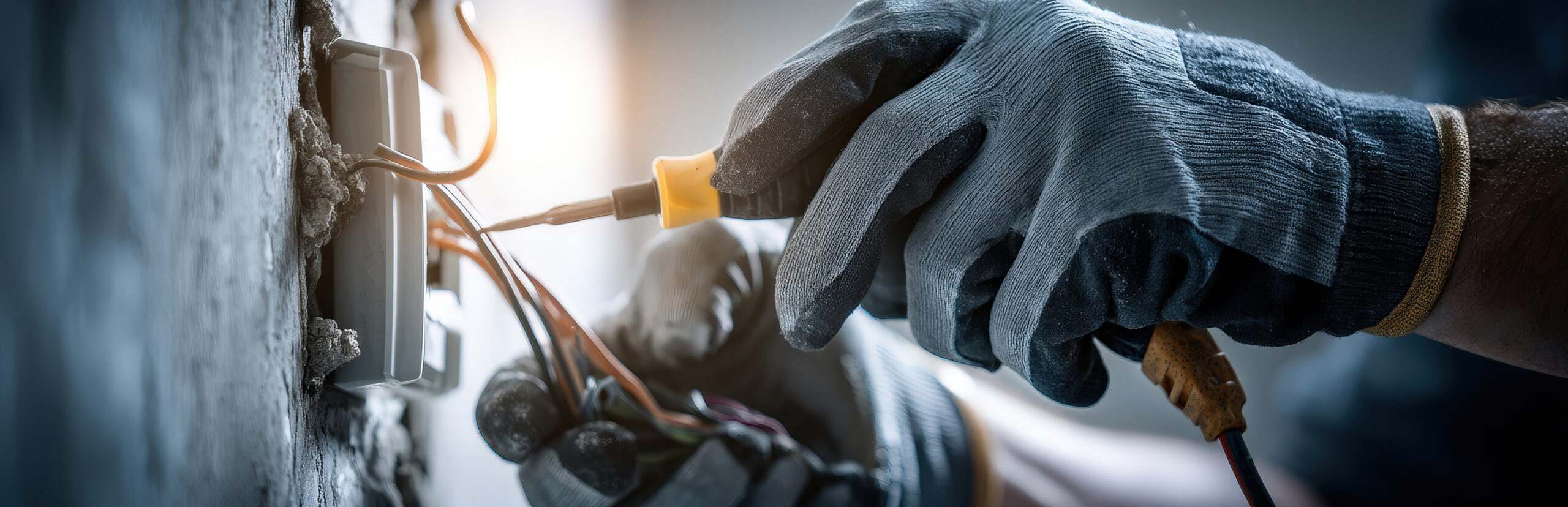 Trabajos de electricista instalador cerca de mi | Manos con guantes arreglando unos cables